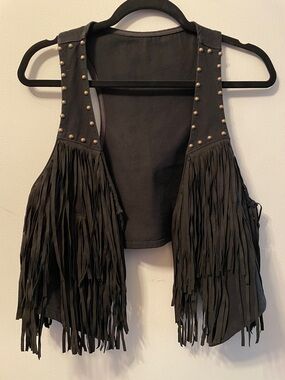 Boho Hippie Western Black Fringe Tassels Studded Open-Front Vest